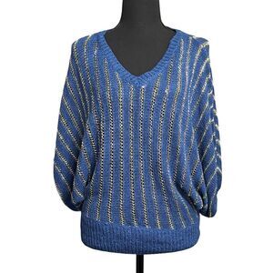 Vintage GRIFFLIN Bat Wing Sweater Blue With Gold Metallic Threads